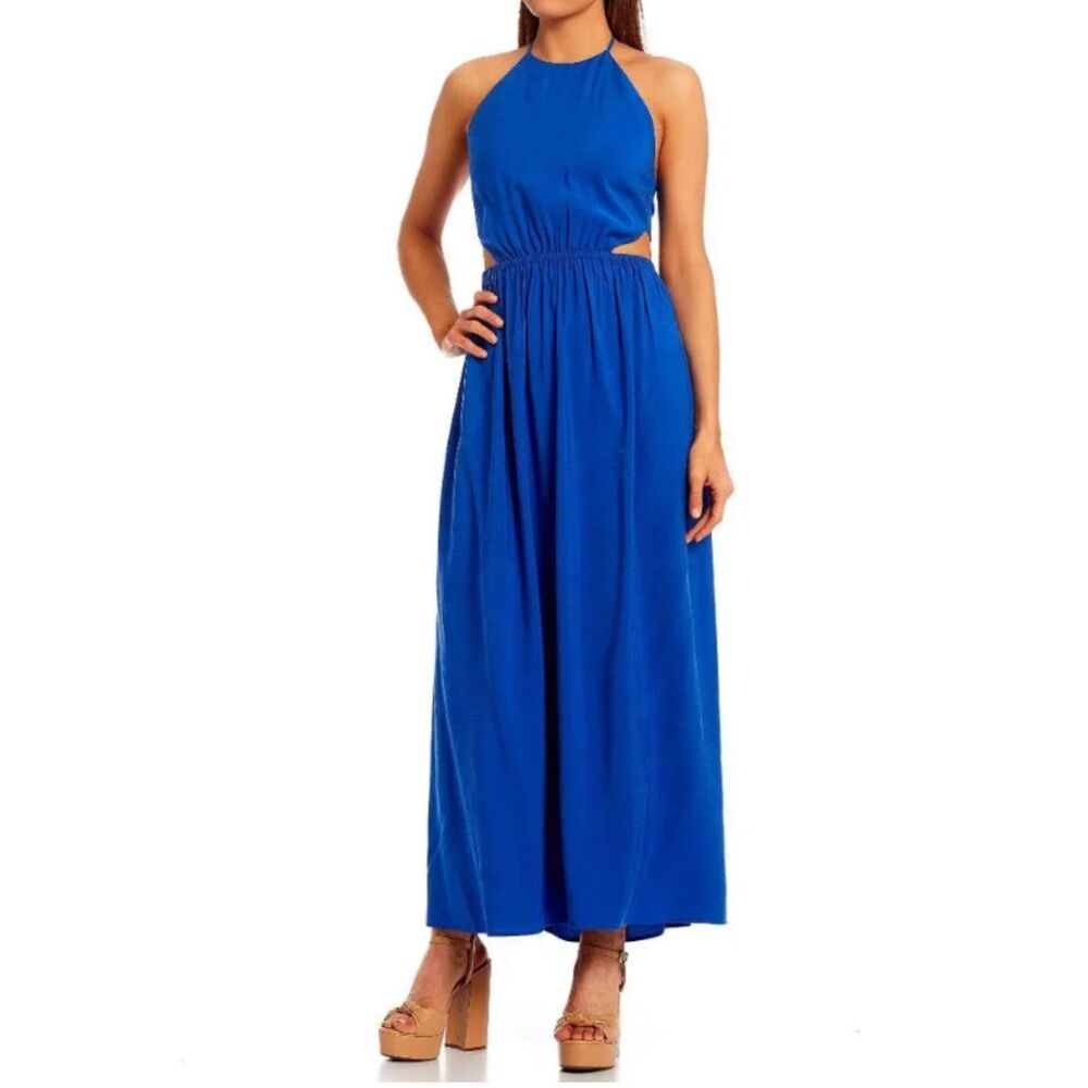 Gianni Bini Trina Maxi Dress XS Blue Halter Cutout Tie Back A Line Wedding Guest